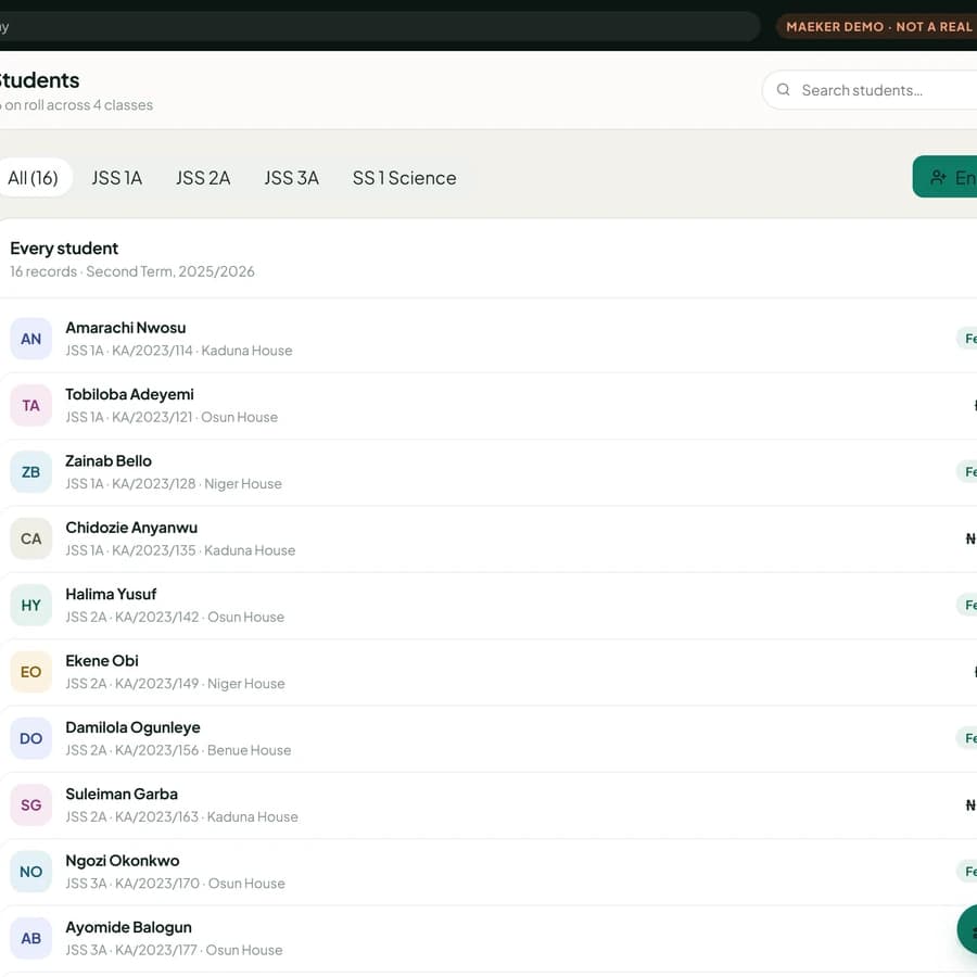 A student register listing name, class and fee status per pupil