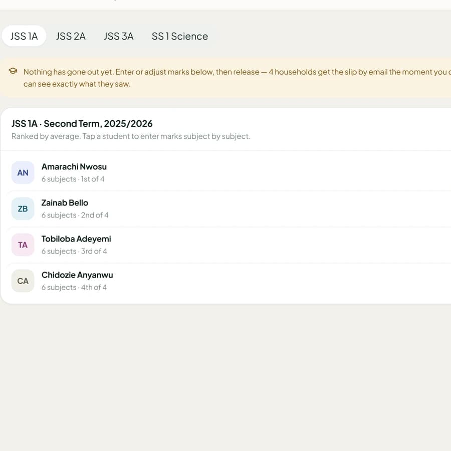 A generated term report totalling students, payments and outstanding fees
