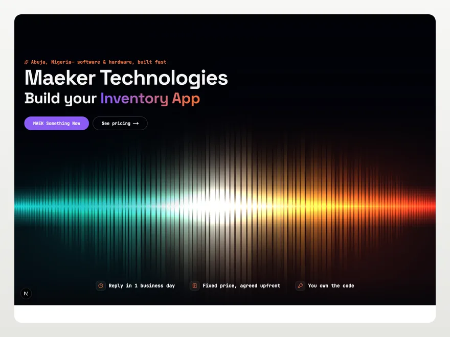 The Maeker homepage, with headline, call to action and trust strip