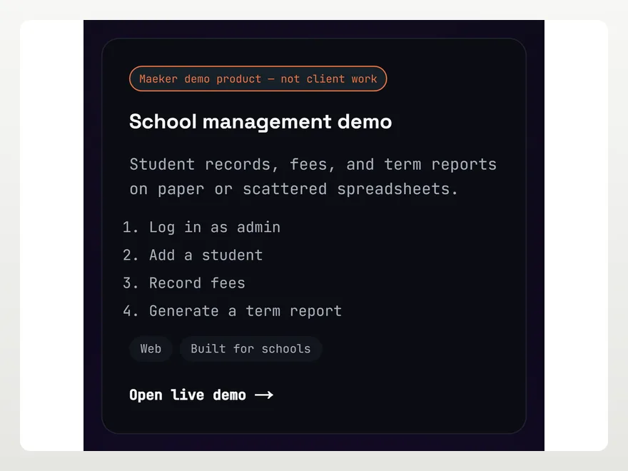 A demo product card inviting you to open a live school management demo